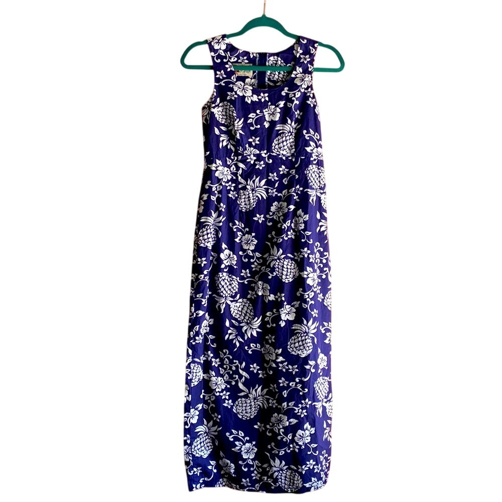 Vintage Hilo Hattie‎ Hawaiian beach summer vacation blue white floral dress 2